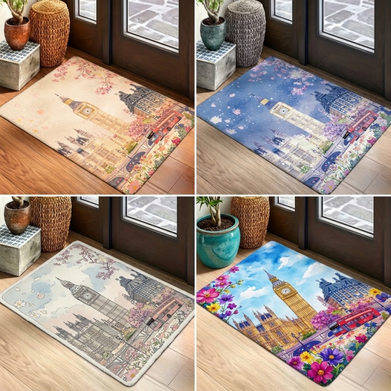 Commercial Printing London - 最新の水彩画ロンドンビッグベンエリアラグ、花柄都市の建物プリントフロアマット、玄関寝室の家の装飾用