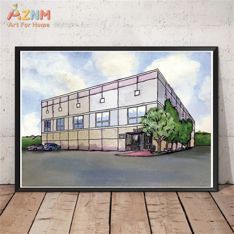 Commercial Wall Printing - AZNM 水彩画現代商業ビル風景キャンバスウォールアート、ミニマル建築街並み風景美的家の装飾 U