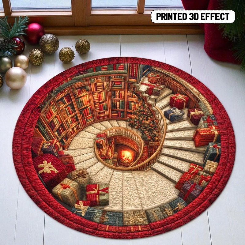 Commercial Book Printing Machines - 3Dブックライブラリー クリスマスカーペット プリントラウンドラグ ギフトとツリー付き ホリデーフロアマット ホームクリスマスホリデー用
