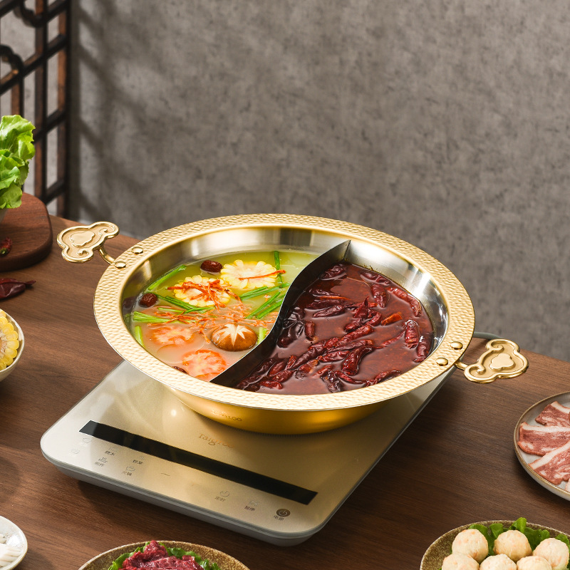 Commercial Printing & Packaging Pvt Ltd Photos - 創造的なデザインのステンレス製ホットポット、手打ち模様入り3層鋼製透明スープポット、業務用ダブルフレーバーホットポット