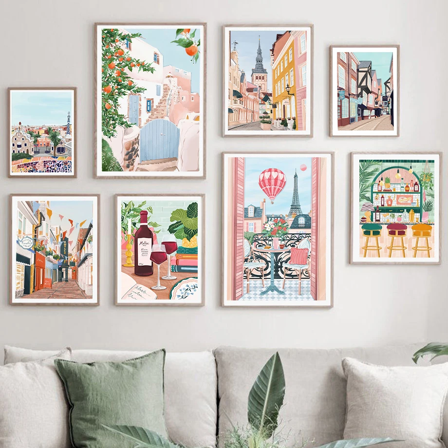 Commercial Wall Printing - 1pc フレームレスキャンバス絵画ミニマリストキャンバスポスター商業街コーヒーショップ赤ワインカクテルシティストリートウォールアート H
