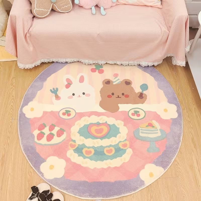 Commercial Printing Services - かわいいウサギクマケーキプリントラウンドラグソフト滑り止めカーペットかわいい漫画寝室フロアマットピンクパープル子供部屋の装飾