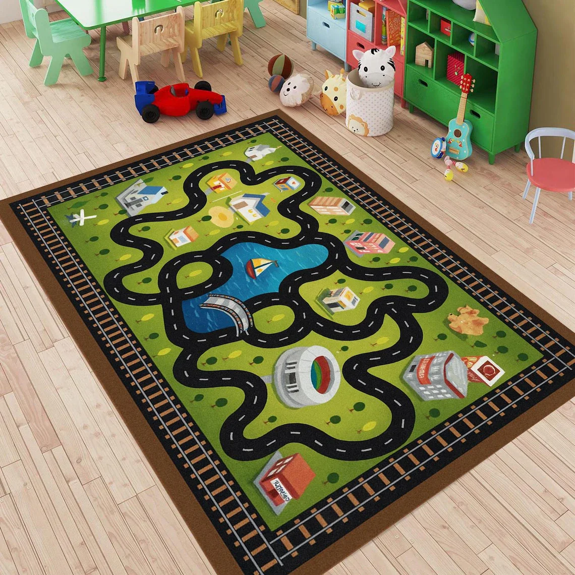 Commercial Digital Printing Machine - レーストラックラグ キッズプレイルームカーペット カートラックエリアラグ、デジタルプリントマット、男の子の部屋の装飾、おもちゃの車のラグ、楽しいアクティビティフロアマット