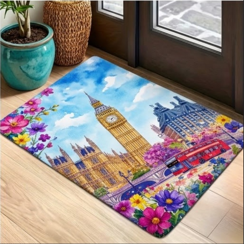 最新の水彩画ロンドンビッグベンエリアラグ、花柄都市の建物プリ - Commercial Printing London のレビューと価格