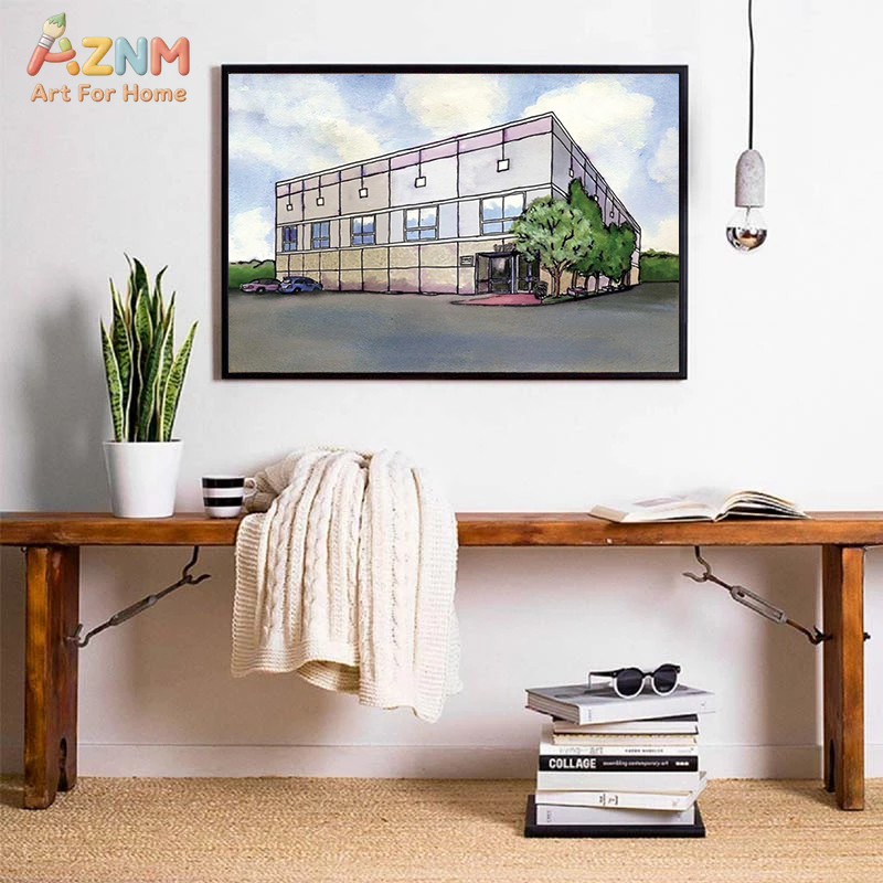 AZNM 水彩画現代商業ビル風景キャンバスウォールアート、ミ - Commercial Wall Printing のレビューと価格
