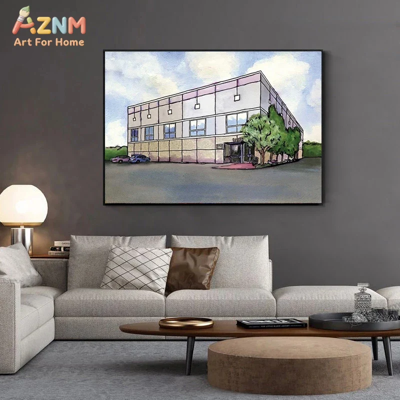 AZNM 水彩画現代商業ビル風景キャンバスウォールアート、ミ - Commercial Wall Printing のレビューと価格