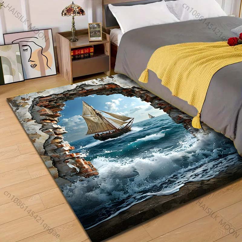 1PC 破れた壁を貫く帆船プリントカーペットラグリビングルー - Commercial Wall Printing のレビューと価格