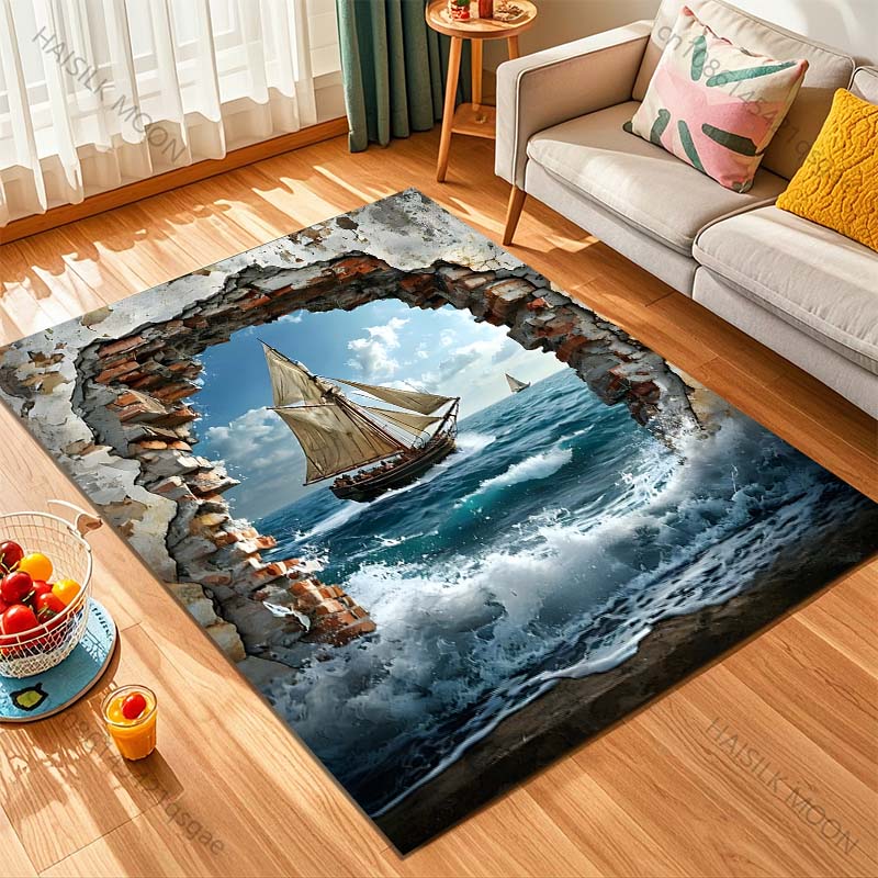 1PC 破れた壁を貫く帆船プリントカーペットラグリビングルー - Commercial Wall Printing のレビューと価格