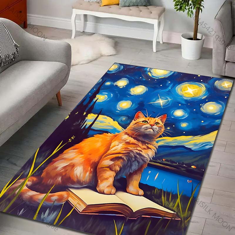 星空の下で本を読む猫のプリントカーペット、リビングルーム、寝 - Commercial Book Printing Machines のレビューと価格